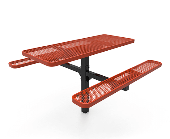 Single pedestal picnic table with center support and attached benches allowing open access underneath for cleaning